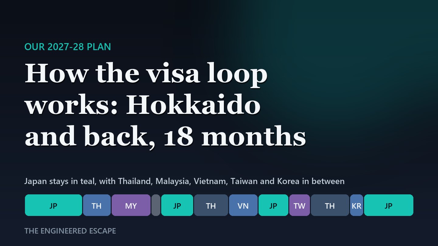 A strip of colored blocks showing our 18-month travel loop, with Japan stays in teal, under the title How the visa loop works