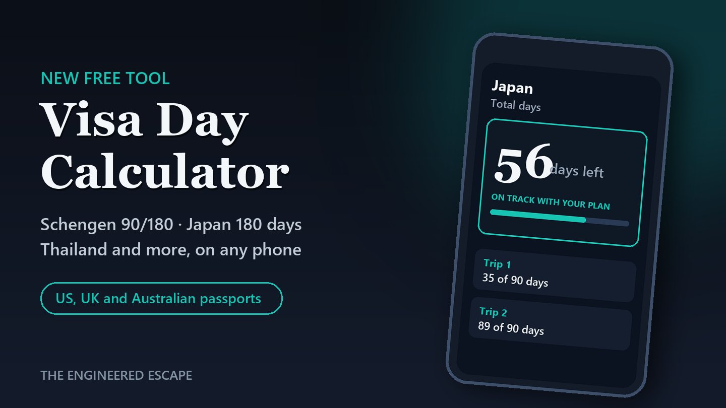 A phone showing the visa day calculator: Japan total days, 56 days left, on track with your plan, beside the words Visa Day Calculator