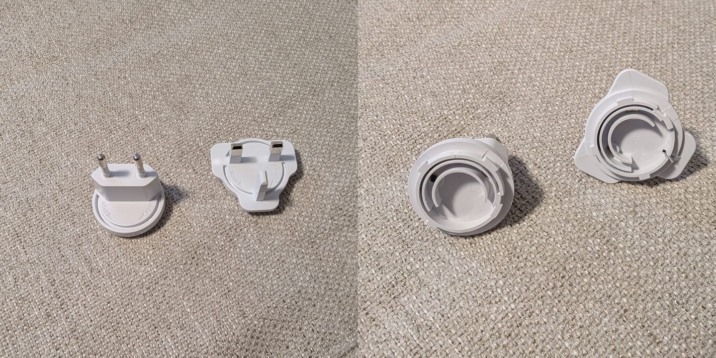 The EU and UK plug heads for the Beryl AX power adapter, seen from the top and from the underside