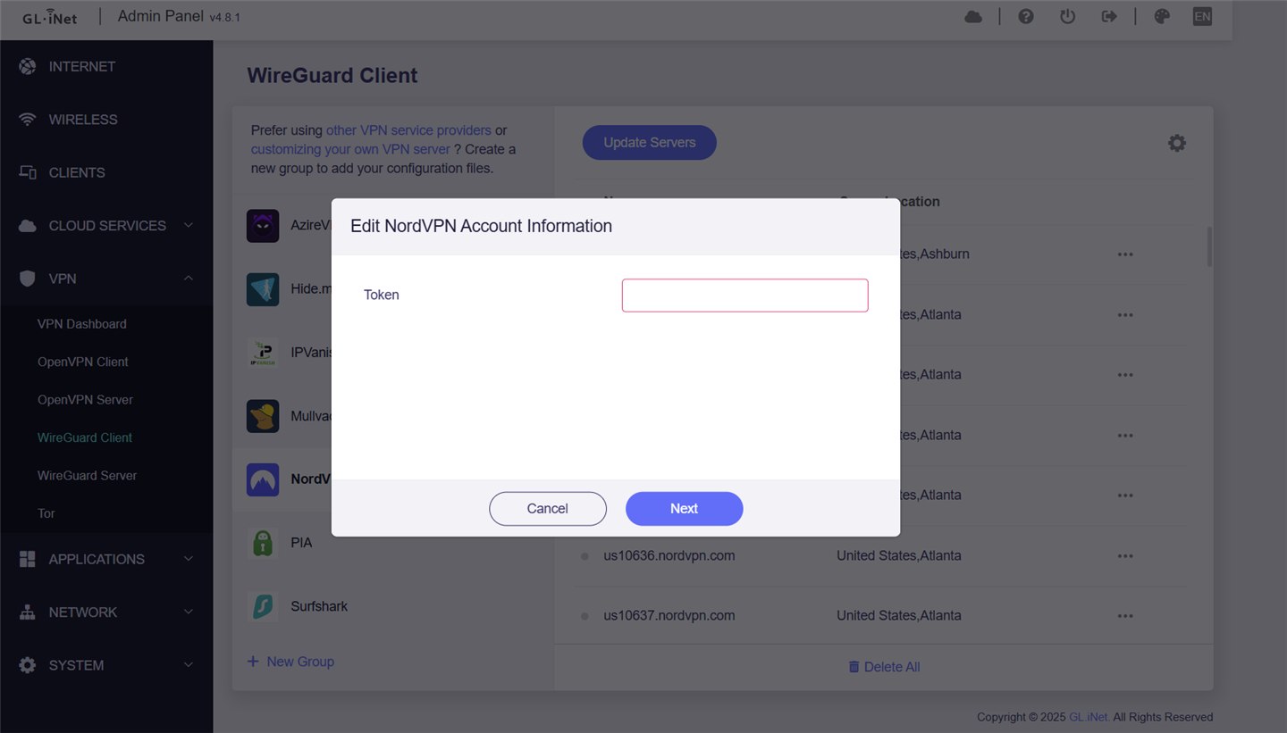 Entering the NordVPN account token in the router's admin panel