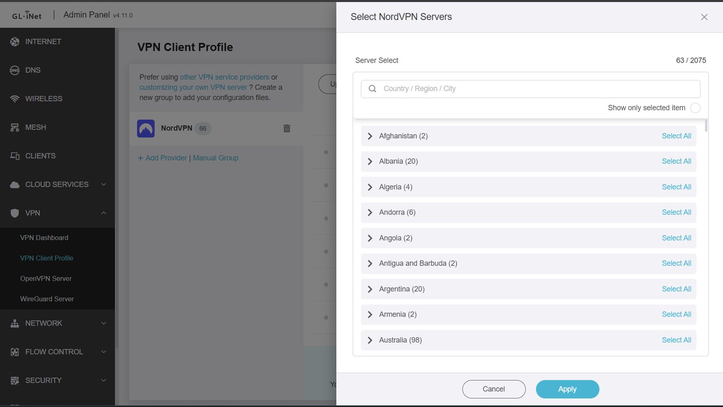 The Select NordVPN Servers picker in the GL.iNet admin panel, with a search box and countries listed with their server counts