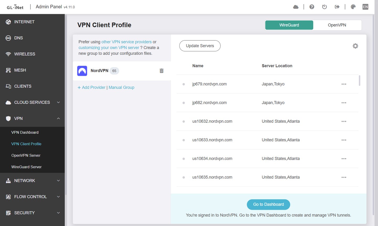 The VPN Client Profile page with NordVPN selected and a list of servers in Tokyo and Atlanta