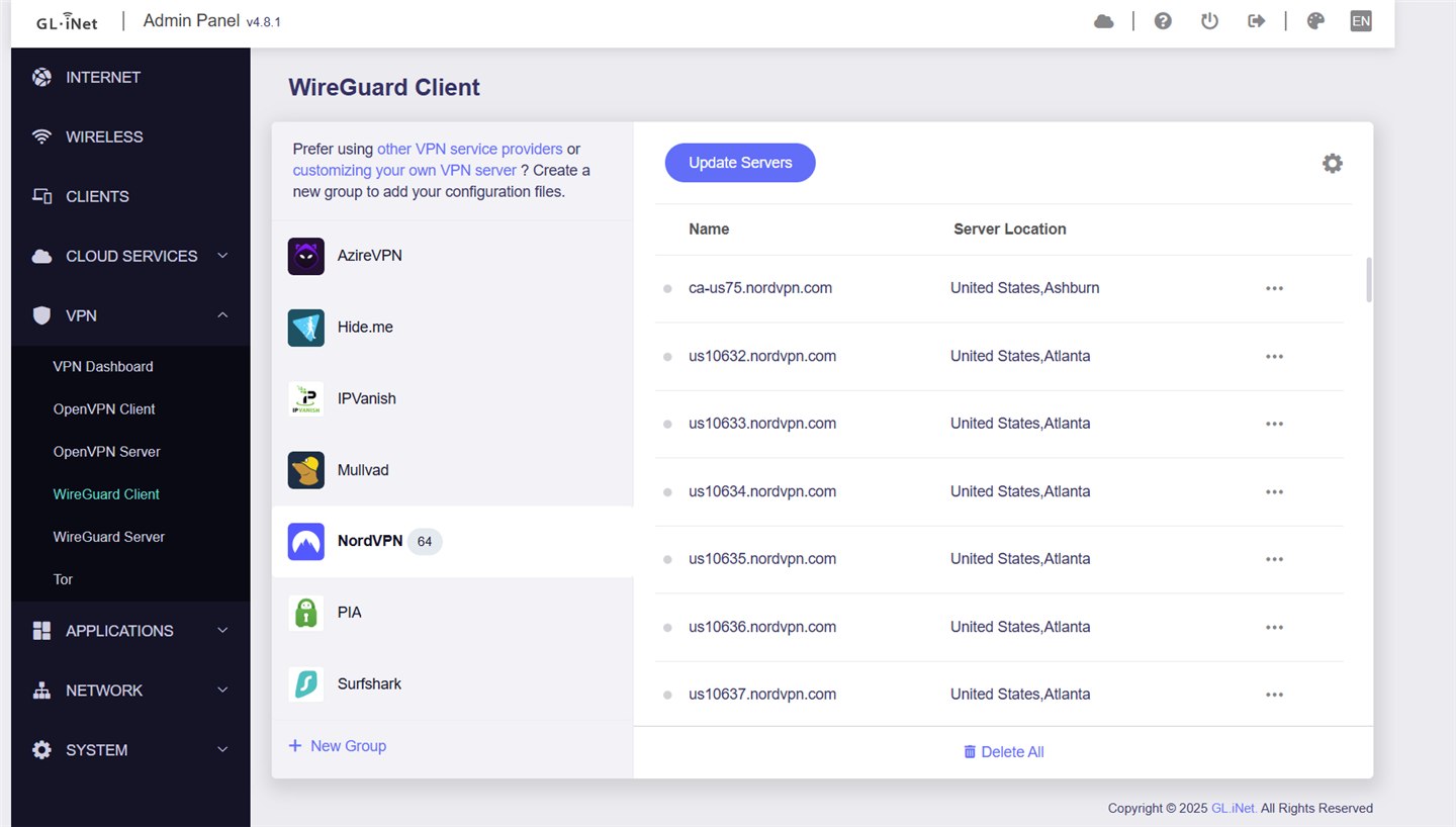 NordVPN added as a WireGuard provider, with the downloaded server list ready to select from