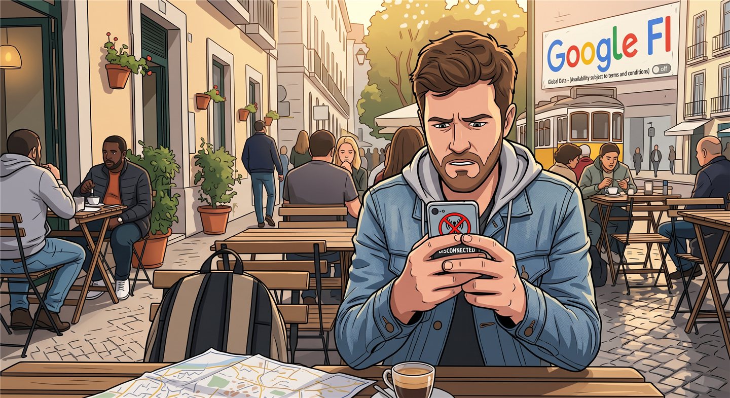 Illustration of a traveler staring at a disconnected phone with a Google Fi sign in the background
