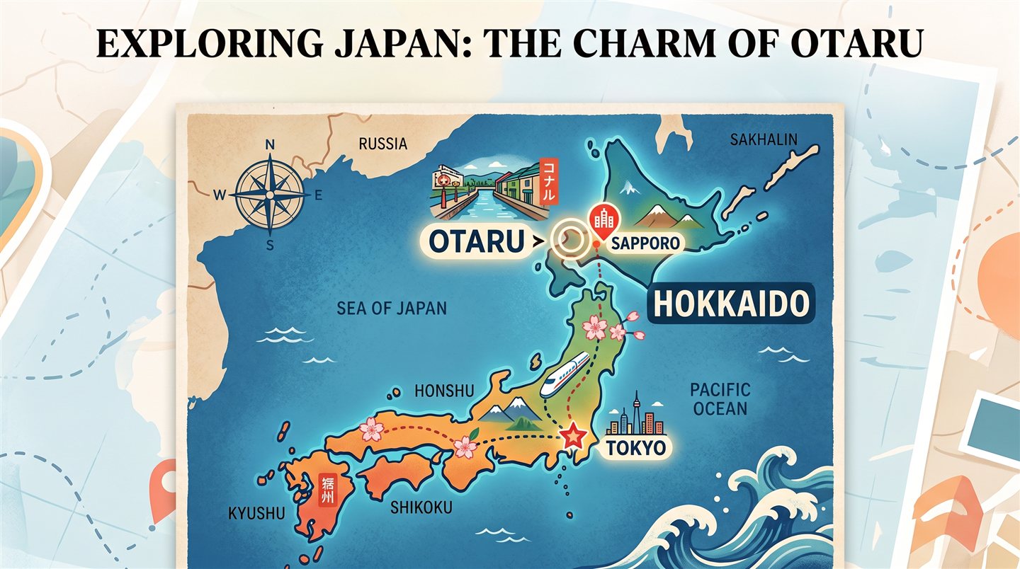 Illustrated map of Otaru and Hokkaido, Japan