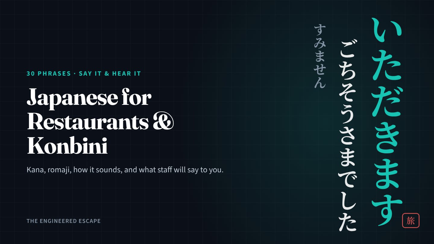 Japanese phrases itadakimasu and gochisousama deshita written vertically in teal on a dark background