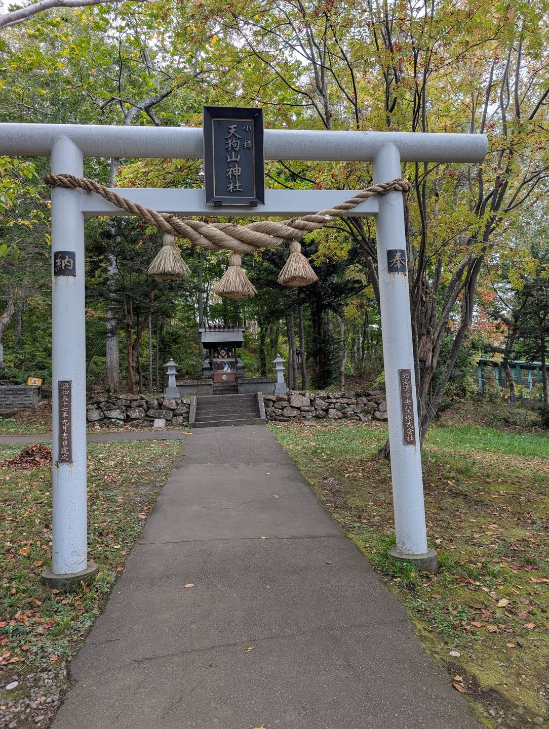 A torii gate and path at the Tenguyama shrine, with autumn leaves turning