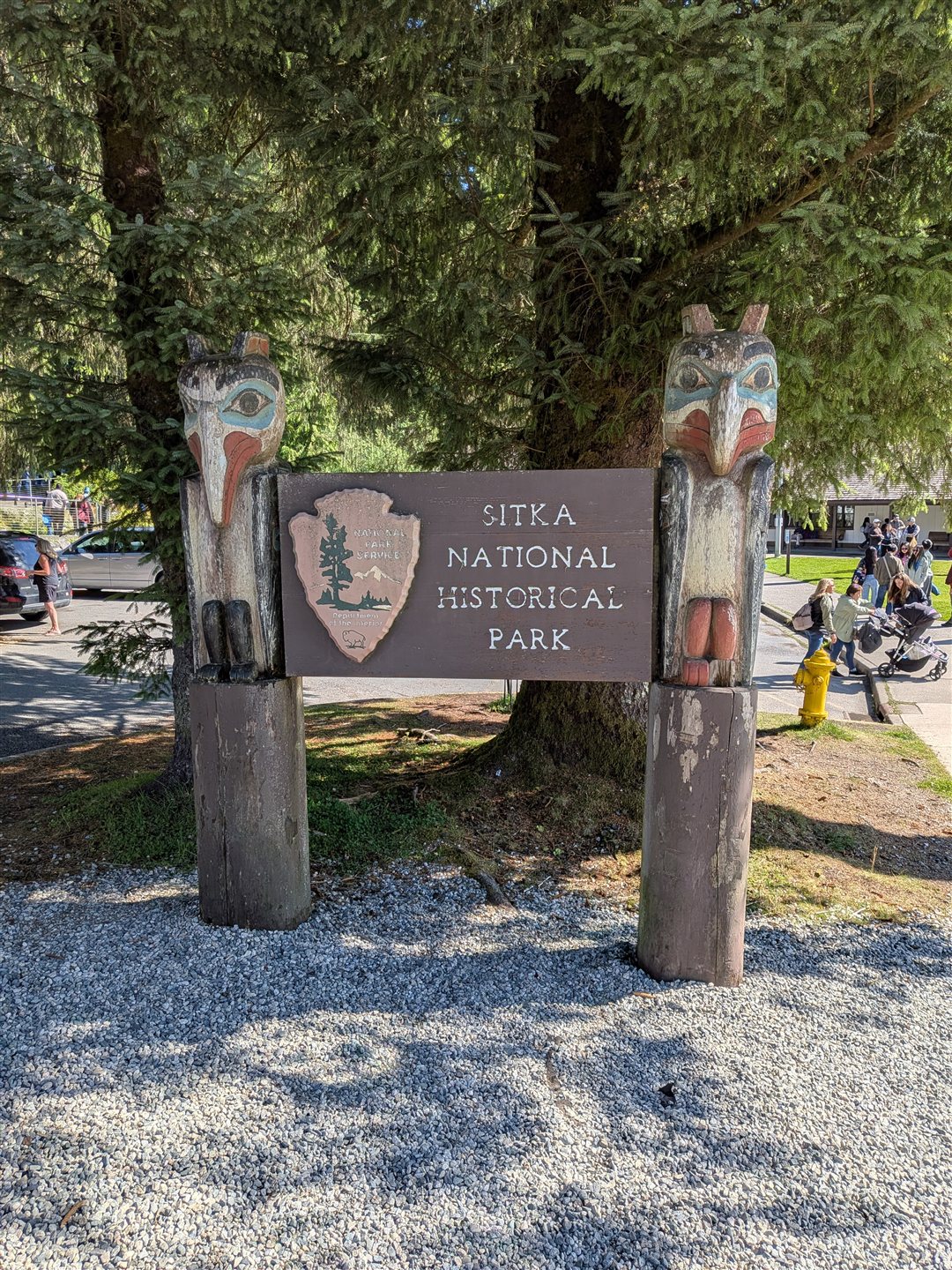 Towering totem poles along the trail at Sitka National Historical Park