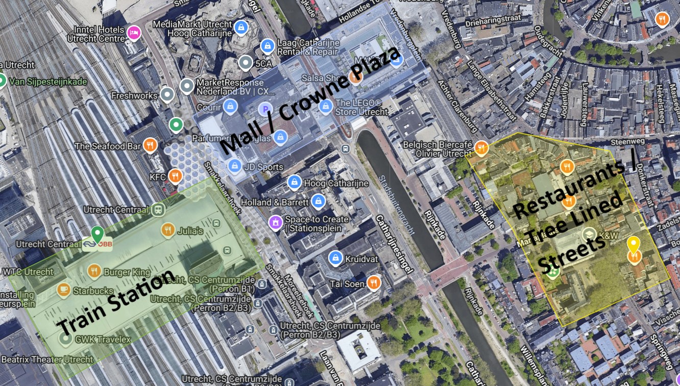 Map showing the walk from Utrecht Centraal and the Crowne Plaza/mall to the restaurant district across the canal