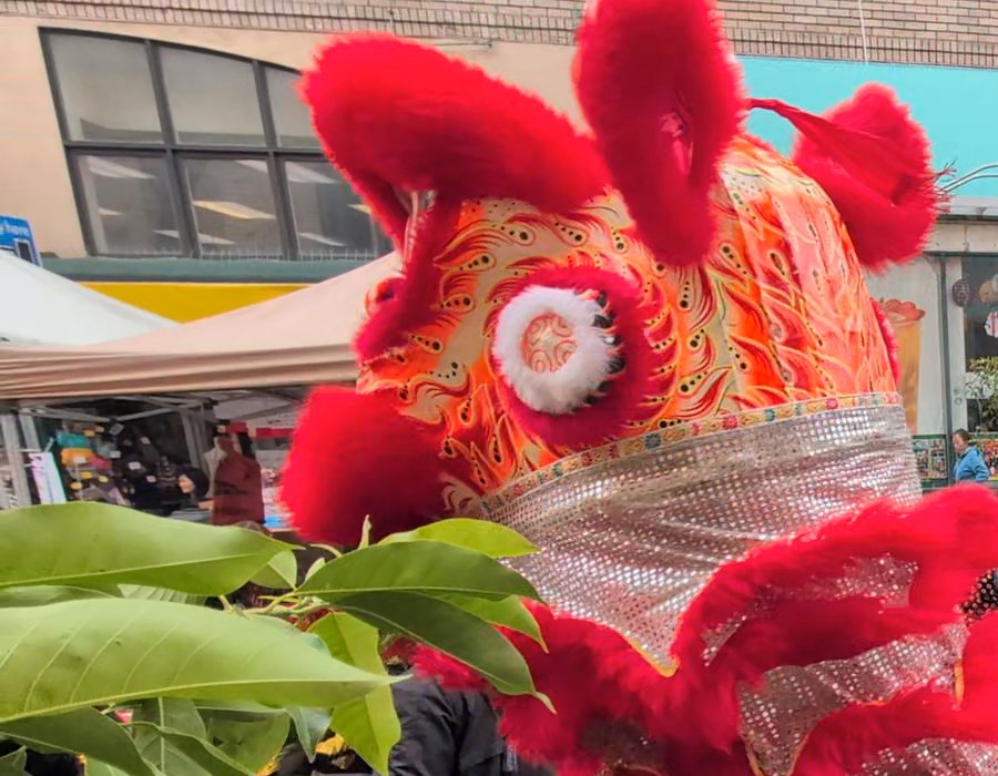 A red and orange lion dance costume at the Autumn Moon Festival in San Francisco’s Chinatown