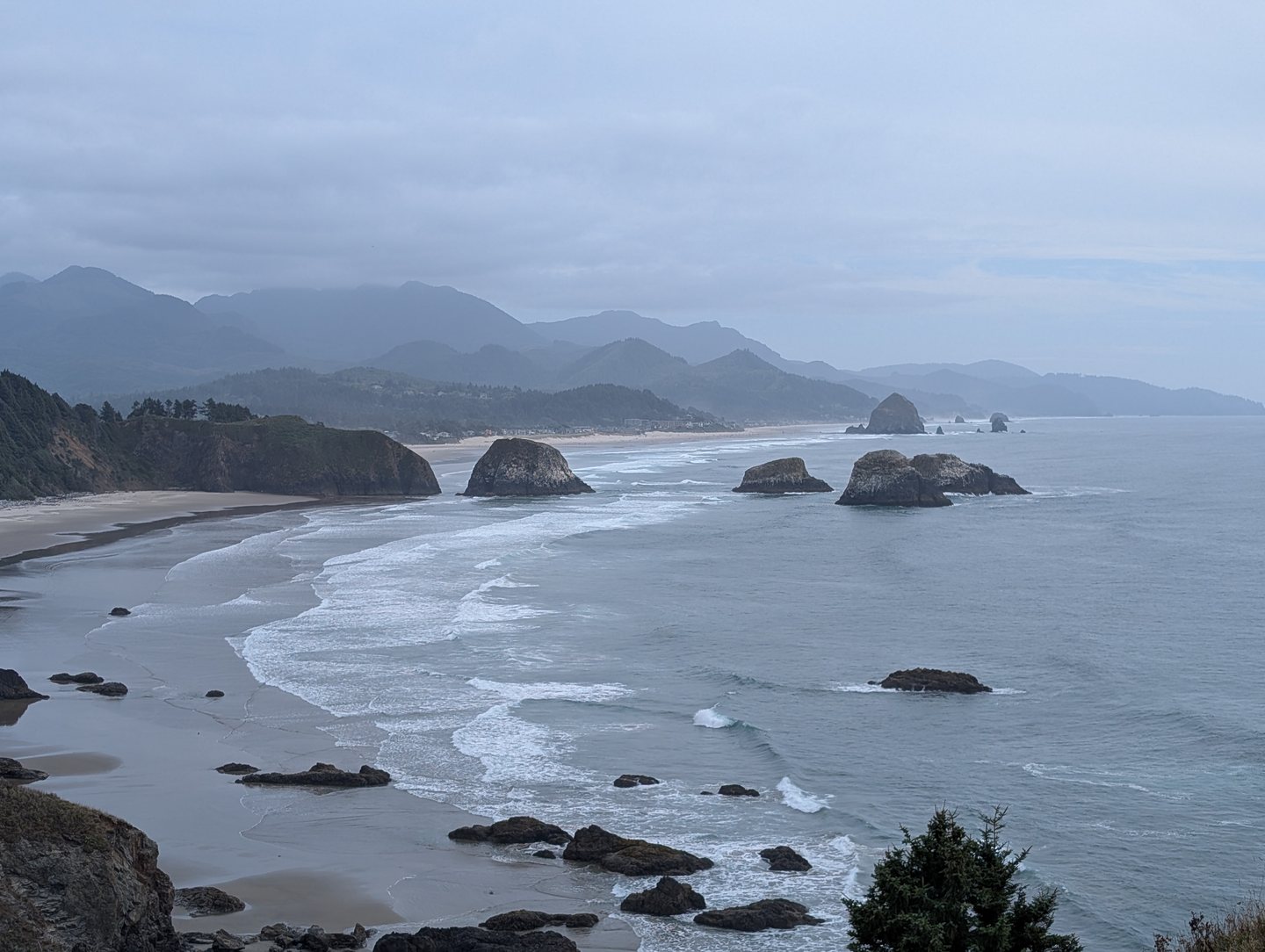 Sea stacks and surf along the Oregon coast seen from the Ecola State Park viewpoint