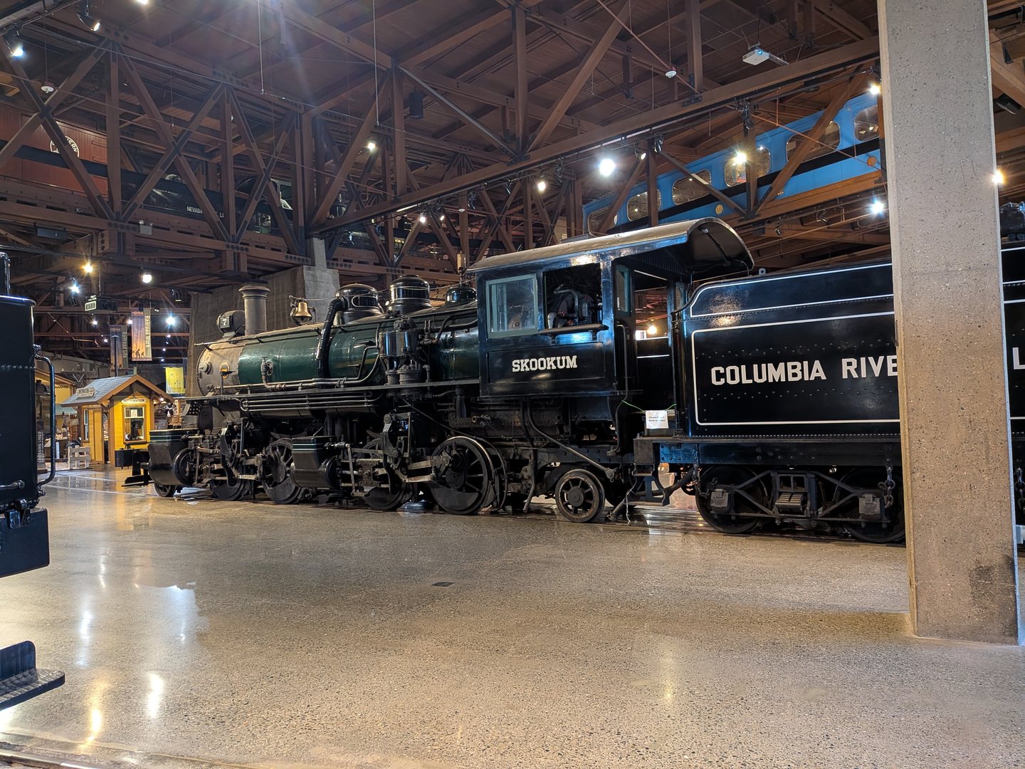 Steam locomotives on display inside the California State Railroad Museum in Sacramento