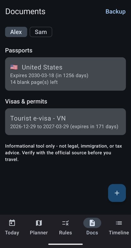 Documents screen showing a passport expiry date and blank pages left, and a tourist e-visa with its validity dates