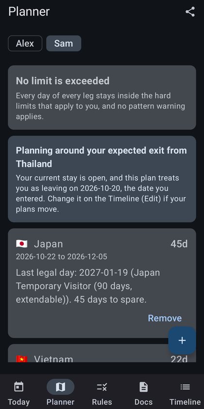 Planner screen reporting that no limit is exceeded, with planned legs in Japan and Vietnam and the last legal day for each