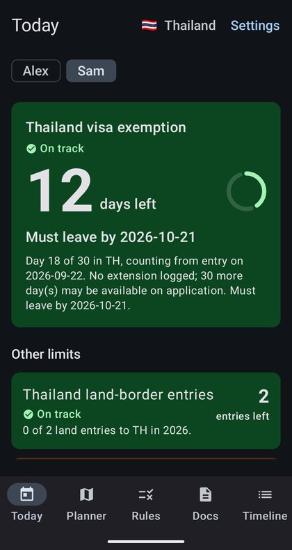 EE VisaDays Today screen with sample data: the Thailand visa exemption card showing 12 days left and a must-leave-by date, above a Thailand land-border entries card