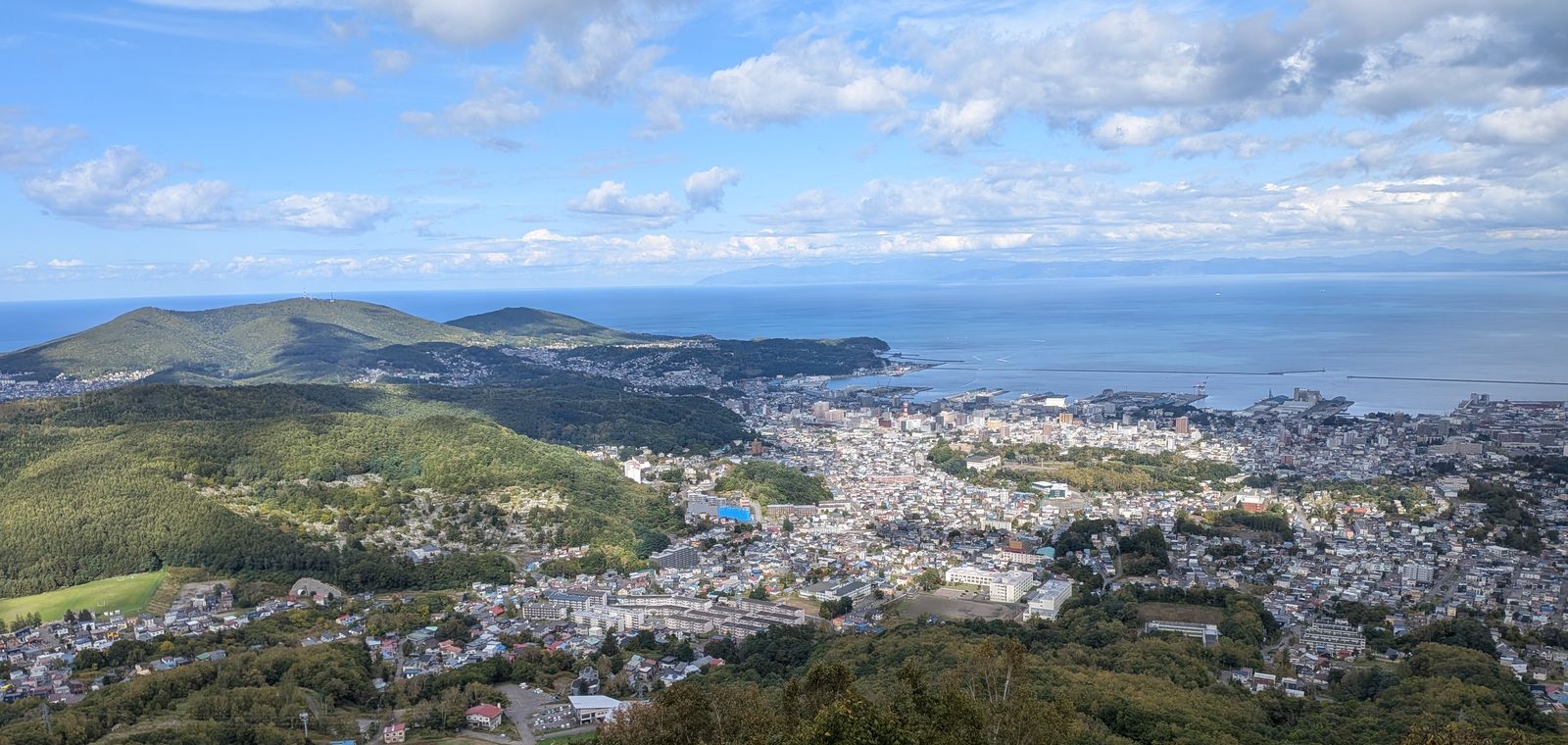 The harbor town of Otaru, Japan, seen from Mount Tenguyama with the sea beyond