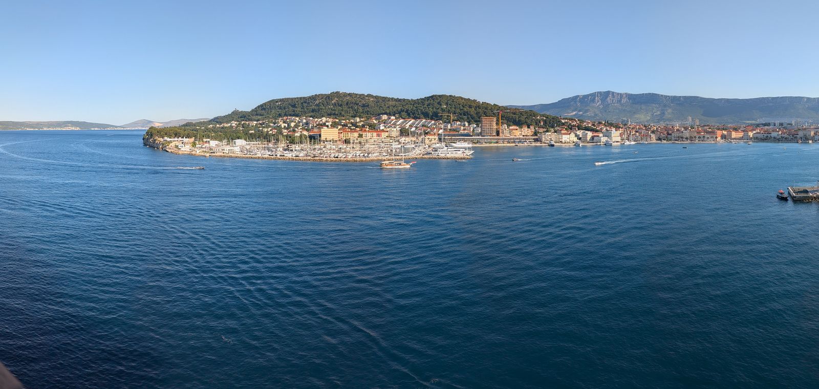 The harbor and hills of Split, Croatia, across deep blue Adriatic water